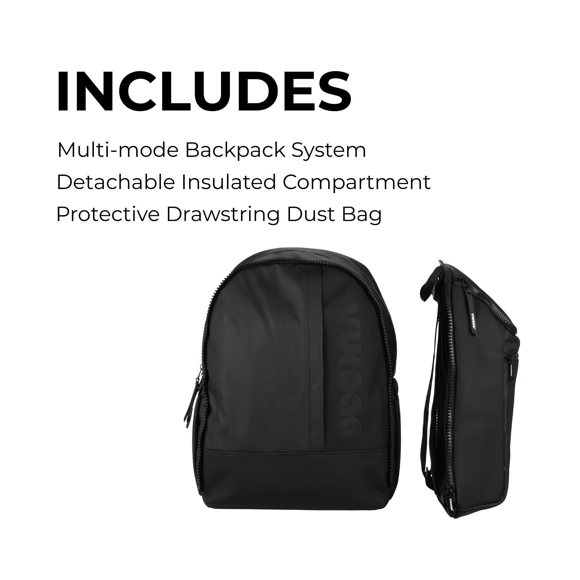 Black backpack with detachable insulated compartment and protective drawstring dust bag on a white background.