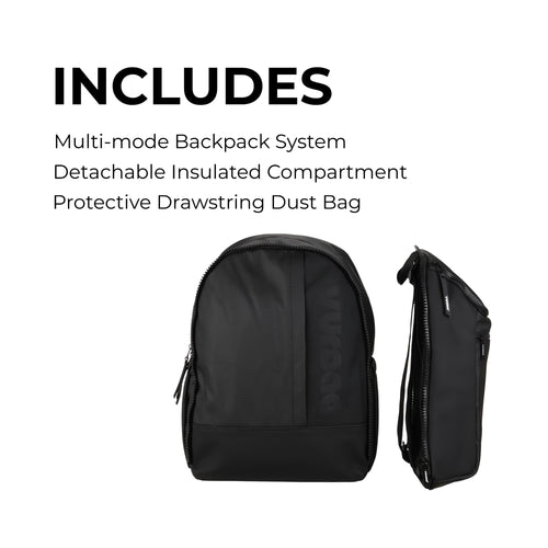 Black backpack with detachable insulated compartment. Whats included. Backpack system, detachable insulated compartment and protective drawstring dust bag. 