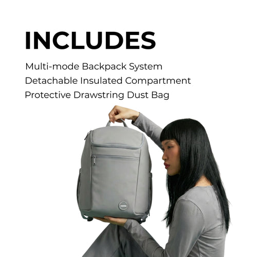 Woman holding a gray vursaa backpack. Includes detachable insulated compartment, protective drawstring dust bag and multi mode backpack system. 