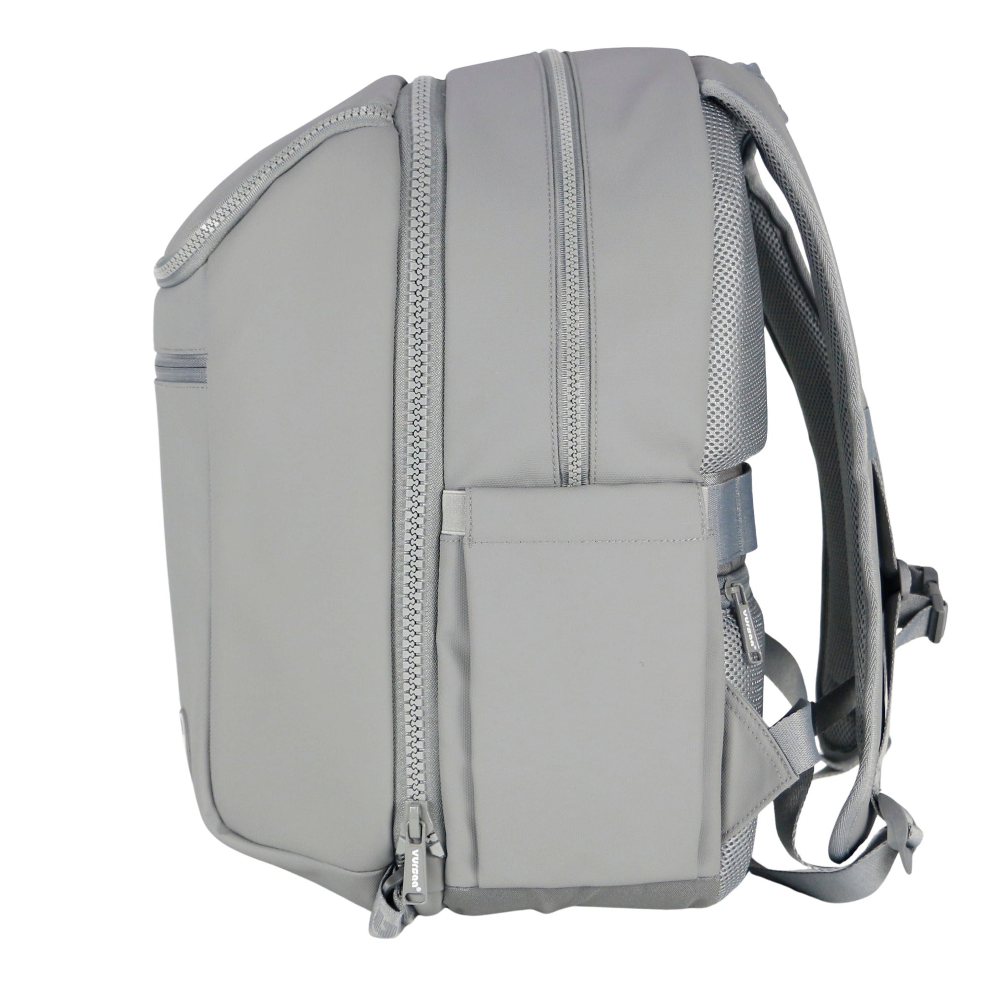 Vursaa Original Concrete Gray backpack with multiple zippers on a white background