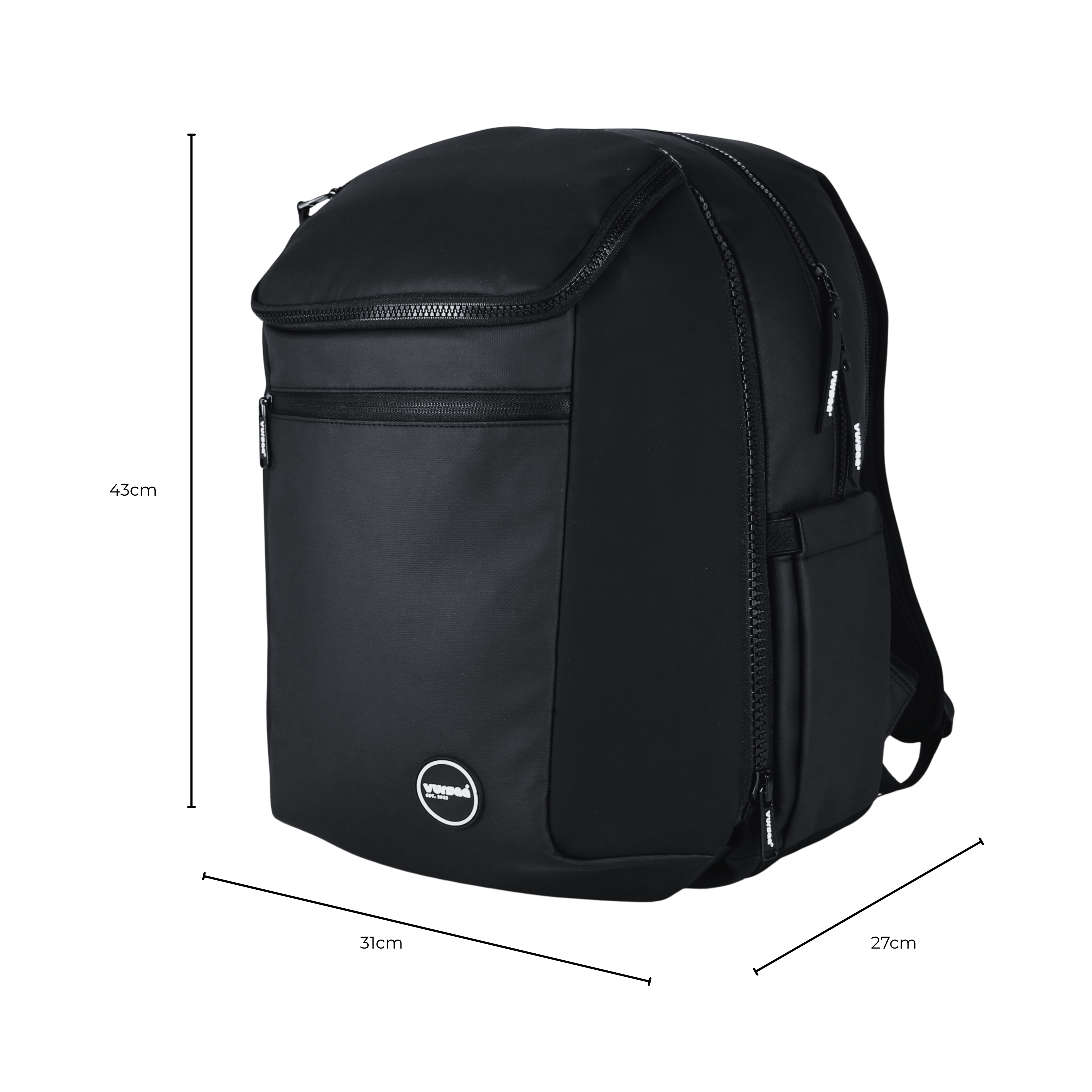 Urban black backpack with dimensions. 43cmx31cmx27cm