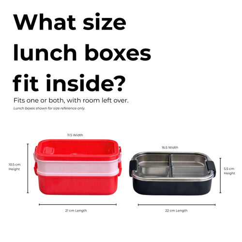 Comparison of two lunch boxes with dimensions on a white background. What size lunch boxes fit inside.