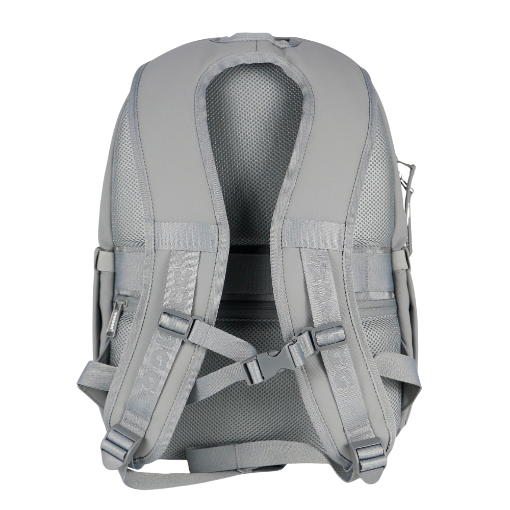 Grey Back panel of backpack showing sternum strap and S shaped straps with logo. 