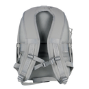 Grey Back panel of backpack showing sternum strap and S shaped straps with logo. 