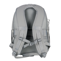 Grey Back panel of backpack showing sternum strap and S shaped straps with logo. 
