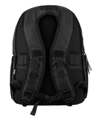 Black backpack with multiple pockets and straps on a white background. Straps show logo with padded panel with mesh. Hidden pocket for valuables. 