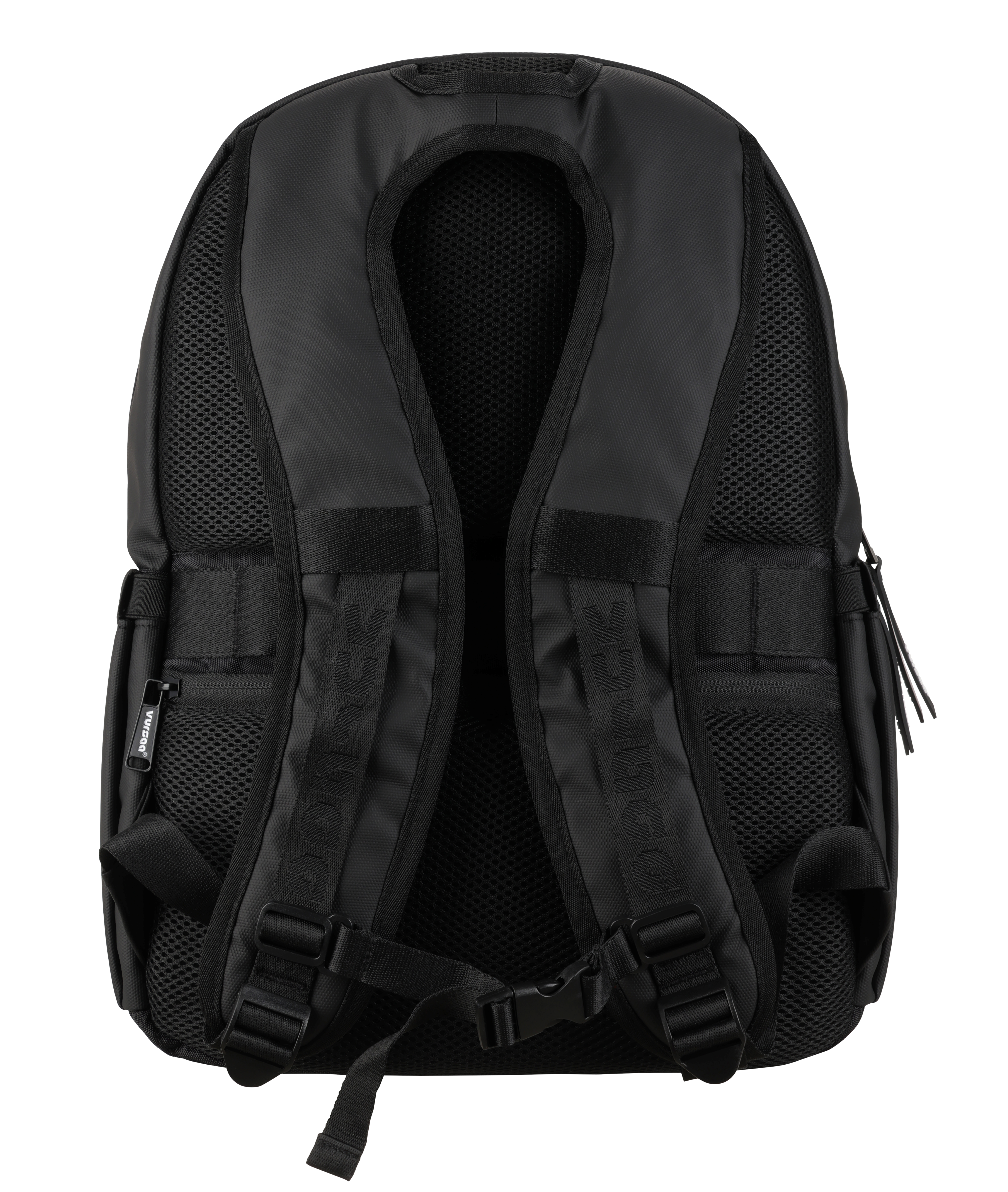 Black backpack with multiple pockets and straps on a white background. Straps show logo with padded panel with mesh. Hidden pocket for valuables. 