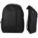 Black backpack with detachable insulated compartment side profile. View on white background. 