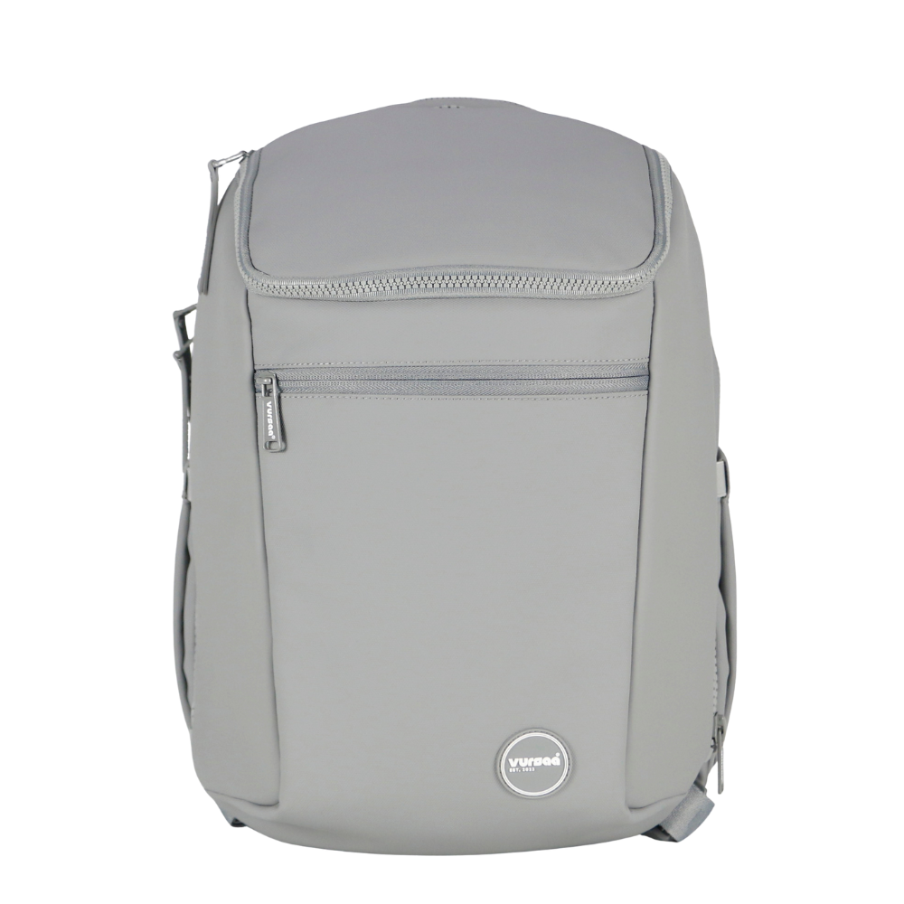 Gray modular backpack with a visible brand logo on a white background. A zip to open insulated front section as well as another pocket for supplies. 