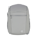 Gray modular backpack with a visible brand logo on a white background. A zip to open insulated front section as well as another pocket for supplies. 