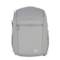 Gray modular backpack with a visible brand logo on a white background. A zip to open insulated front section as well as another pocket for supplies. 
