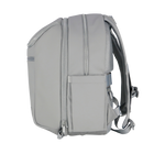 Gray modular backpack with multiple zippers on a white background. Zipper mechanism visible to detach front insulated section. 