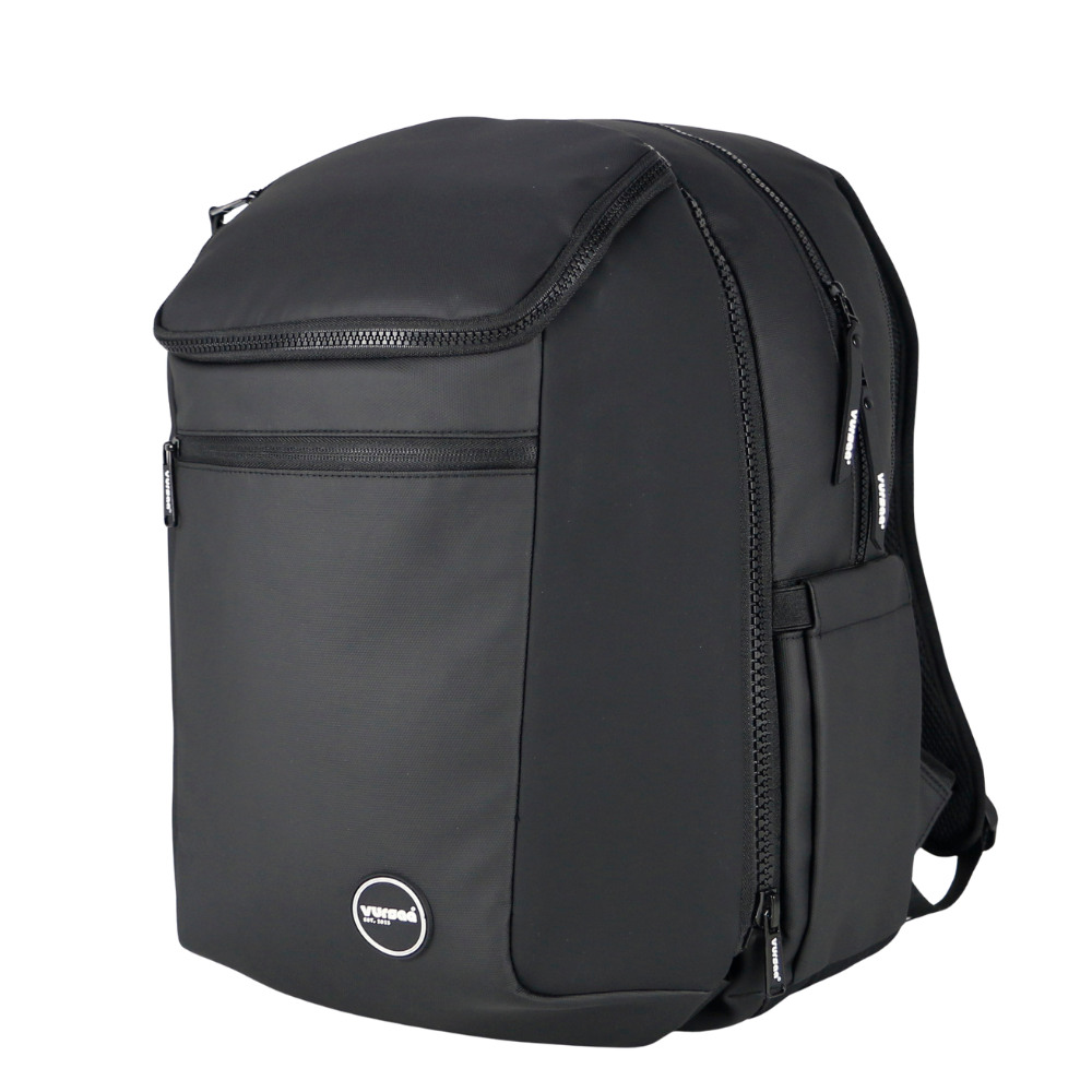 Black Modular backpack with a visible brand logo in  corner on a white background side image visible side drink holder pocket.