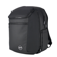 Black Modular backpack with a visible brand logo in  corner on a white background side image visible side drink holder pocket.