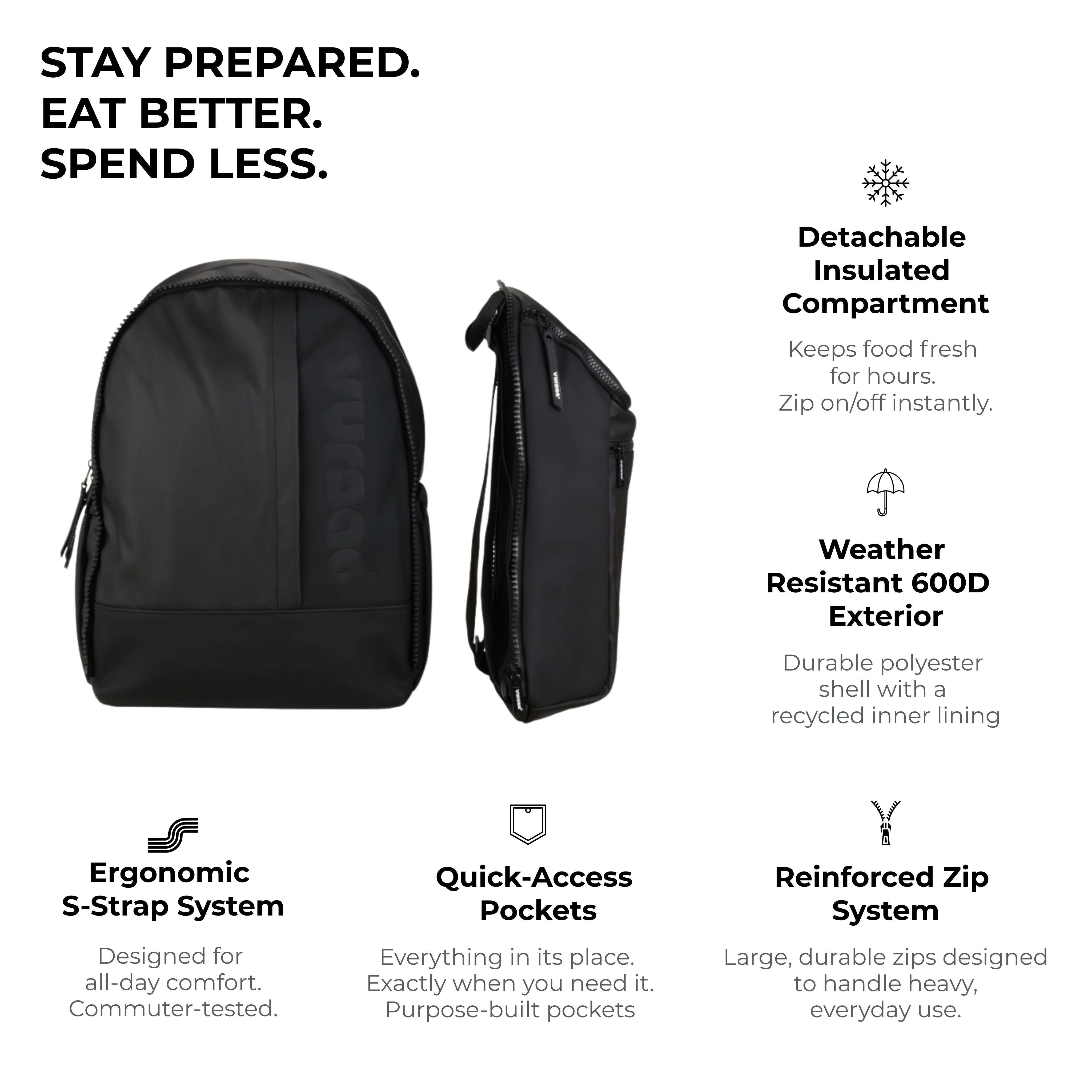 modular backpack with key benefits listed. 