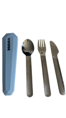 Silicone cover grey with tones of blue with branding name on the front VURSAA. Stainless steel spoon, fork and knife beside silicone cover. 