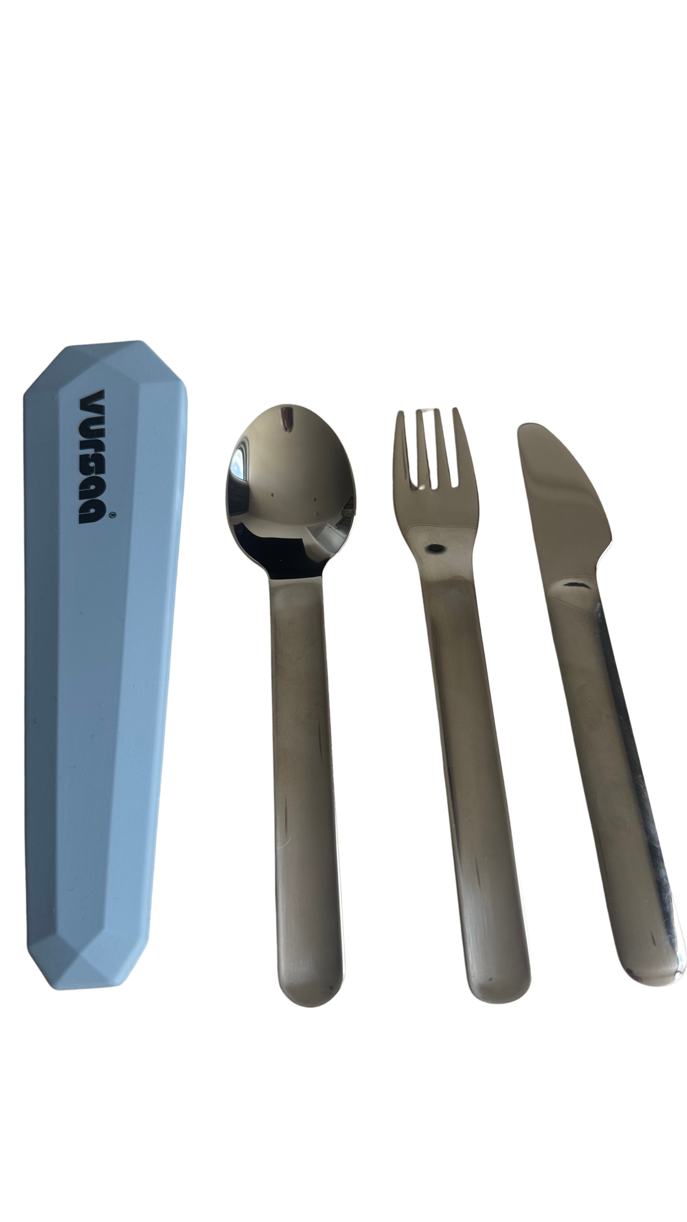 Silicone cover grey with tones of blue with branding name on the front VURSAA. Stainless steel spoon, fork and knife beside silicone cover. 