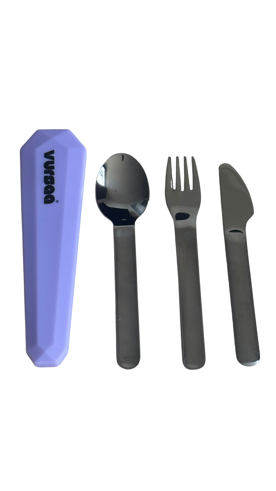 Silicone cover violet with branding name on the front VURSAA. Stainless steel spoon, fork and knife beside silicone cover. 