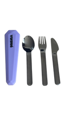 Silicone cover violet with branding name on the front VURSAA. Stainless steel spoon, fork and knife beside silicone cover. 