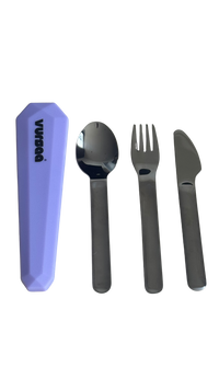 Silicone cover violet with branding name on the front VURSAA. Stainless steel spoon, fork and knife beside silicone cover. 