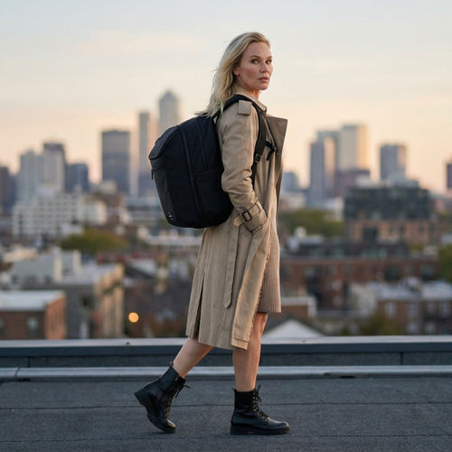 Woman in a trench coat with a vursaa backpack walking on a rooftop with a city skyline in the background