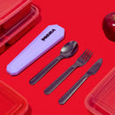 Set of steel cutlery with a purple case on a red background
