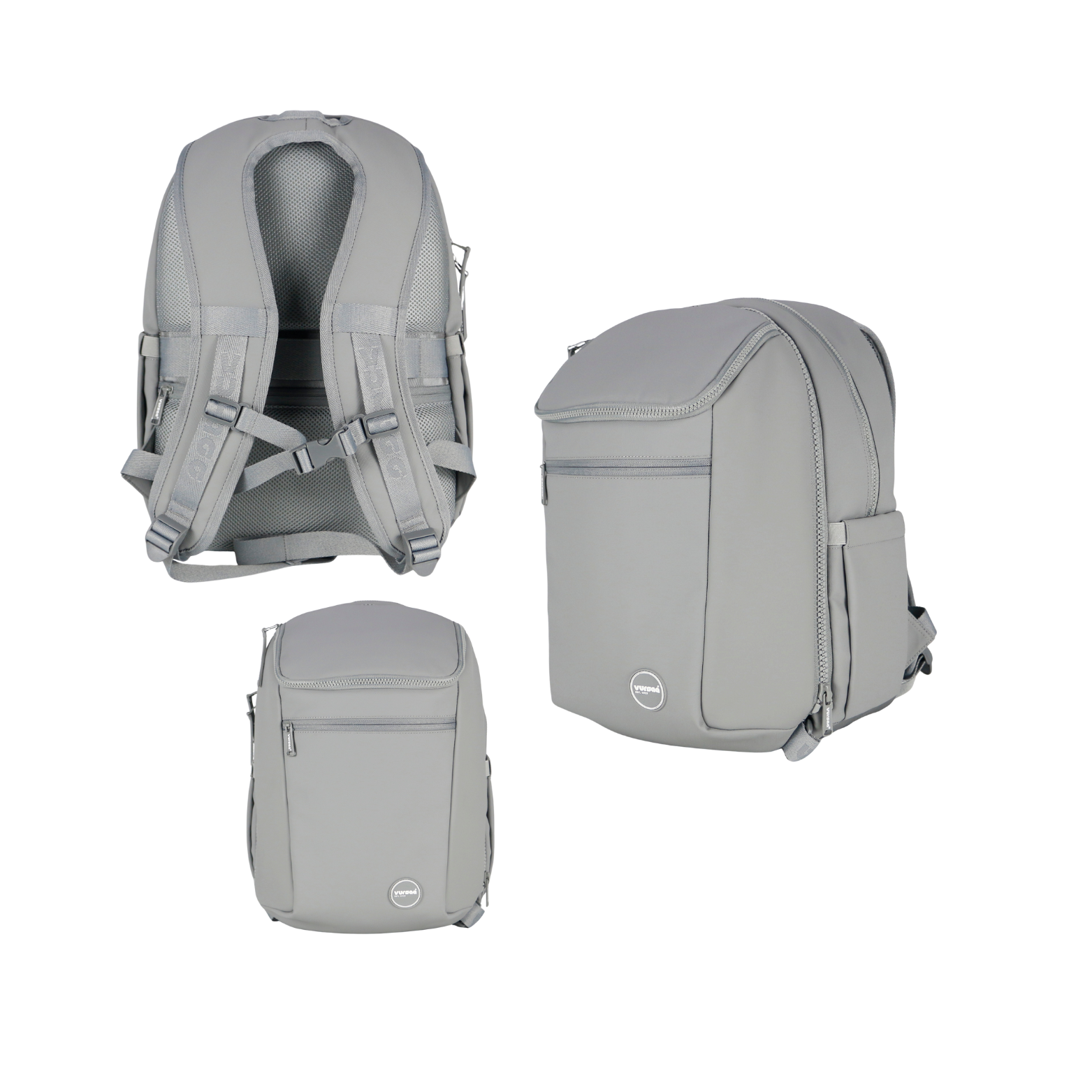 Gray modular backpack shown from multiple angles on a white background. Exposing the back panel with logo on S shaped straps and sternum strap.  The front insulated section with a logo in the corner. A shot on the side visible zip for detach mechanism and drink holder pocket. 