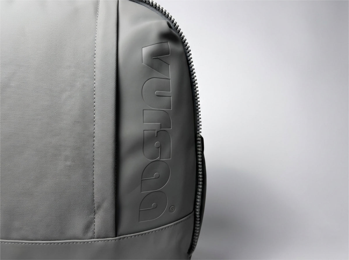 front grey backpack with logo visible 