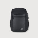 A black backpack with multiple zippered compartments and a circular white logo on the lower front, photographed against a light gray background.