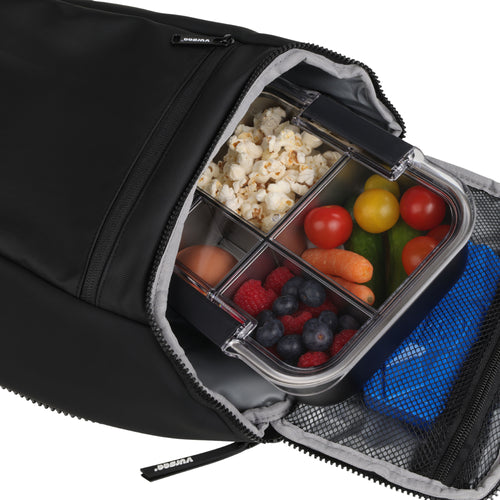 Vursaa Original  backpack Front compartment open with lunch box inside