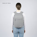 A woman viewed from behind wearing a light gray backpack, standing against a plain light gray studio background. Text in the upper left reads 'Model is 5'4" / 163cm'.