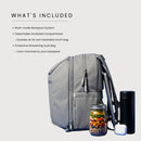 A light gray multi-mode backpack shown with included accessories on a light gray background, including a detachable insulated lunch bag, a black travel bottle, a small white container, and a jar of food. Text on the left reads 'WHAT'S INCLUDED' with bullet points describing the features.