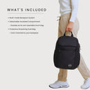 A person wearing beige pants and white sneakers carries a black backpack against a light gray background. Text on the left lists included features such as a multi-mode backpack system and detachable insulated compartment.