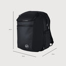 Black backpack shown on a light gray background with dimension lines indicating 43 cm height, 31 cm width, and 27 cm depth. A small circular logo badge is visible on the front pocket.
