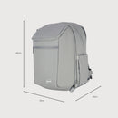 A light gray backpack shown on a plain light gray background with dimension lines and labels indicating 43 cm height, 31 cm width, and 27 cm depth.