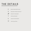 A light gray informational graphic titled 'THE DETAILS' listing product features with small icons and text: weather resistant 600D exterior, detachable insulated compartment, ergonomic S-strap system, reinforced zip system, modular multi-mode system, and quick-access pockets.