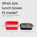 Size comparison graphic showing two lunch boxes with overlaid dimensions and the text 'What size lunch boxes fit inside?'. The left box is red with a light pink interior, and the right box is black with a stainless steel interior.